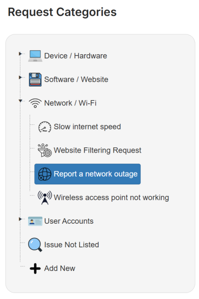 Request categories hierarchy tree with Report a network outage selected.